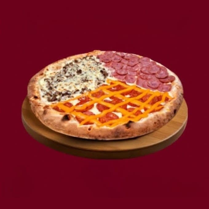 Pizza três sabores com cheddar na tábua